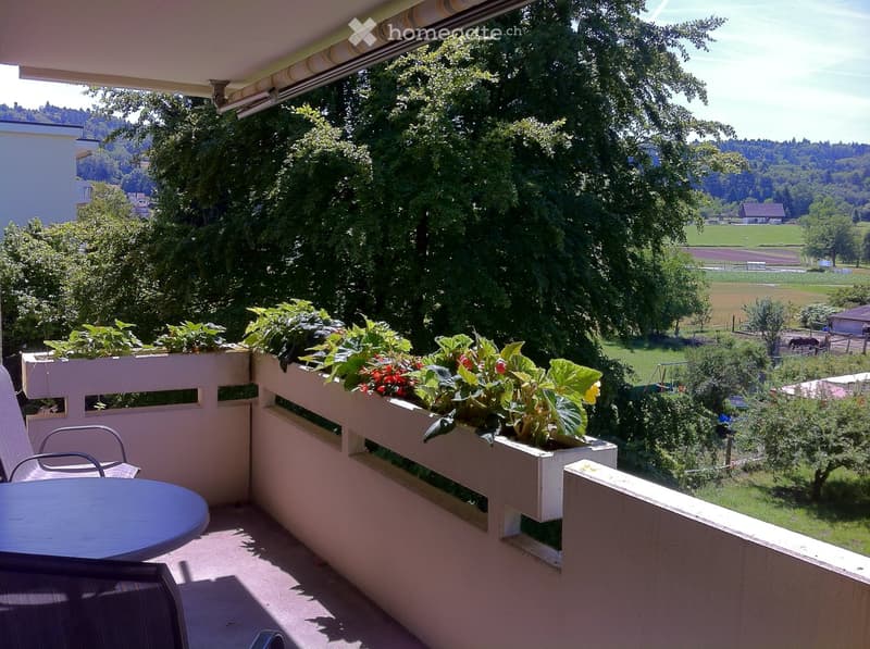 Balcony with a round table, chairs, and flower boxes, overlooking a scenic countryside view.