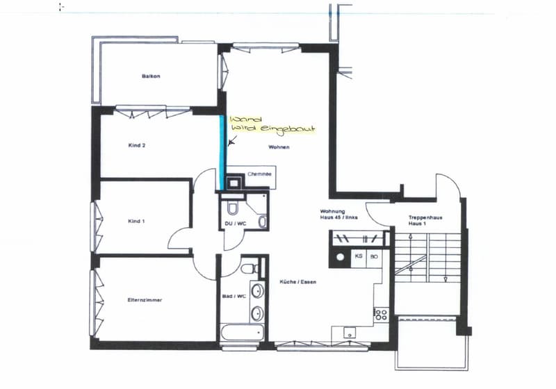 Floor plan of a multi-unit residential building showing two apartments, a staircase, and a shared balcony.