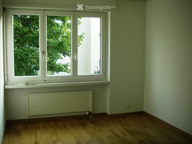 Empty room with wooden flooring, light green walls, large windows with white frames, radiator, and a small shelf on the windowsill.