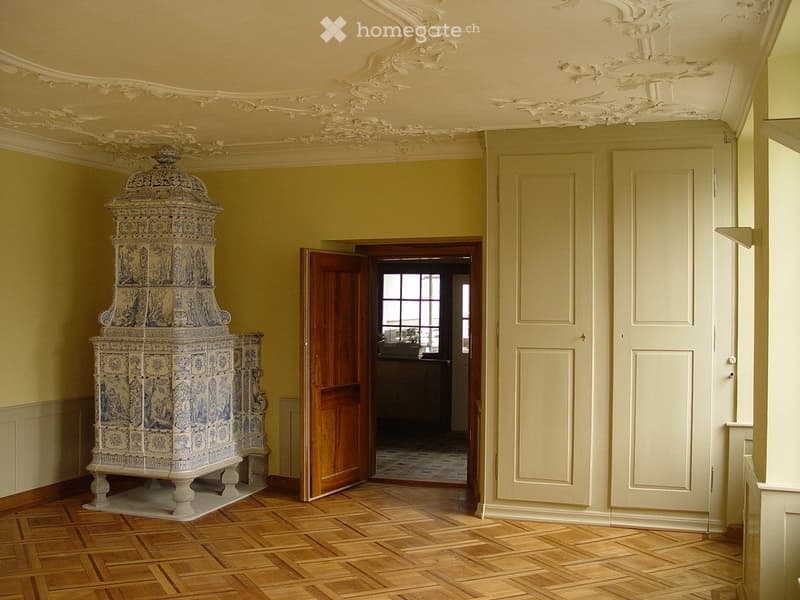 An empty room with wooden flooring, light-colored walls, and a decorative stove. The room features ornate ceiling moldings and a doorway leading to another space.