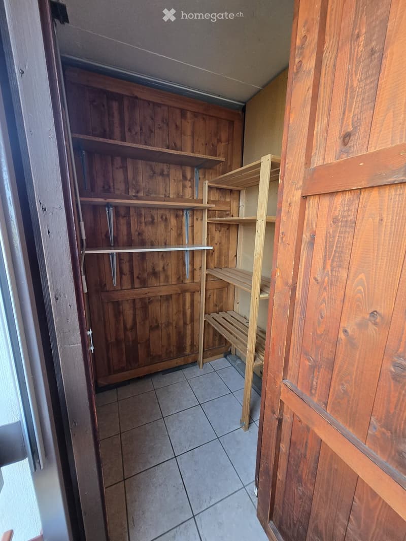Empty room with wooden shelves and a tiled floor, no furniture or equipment present.