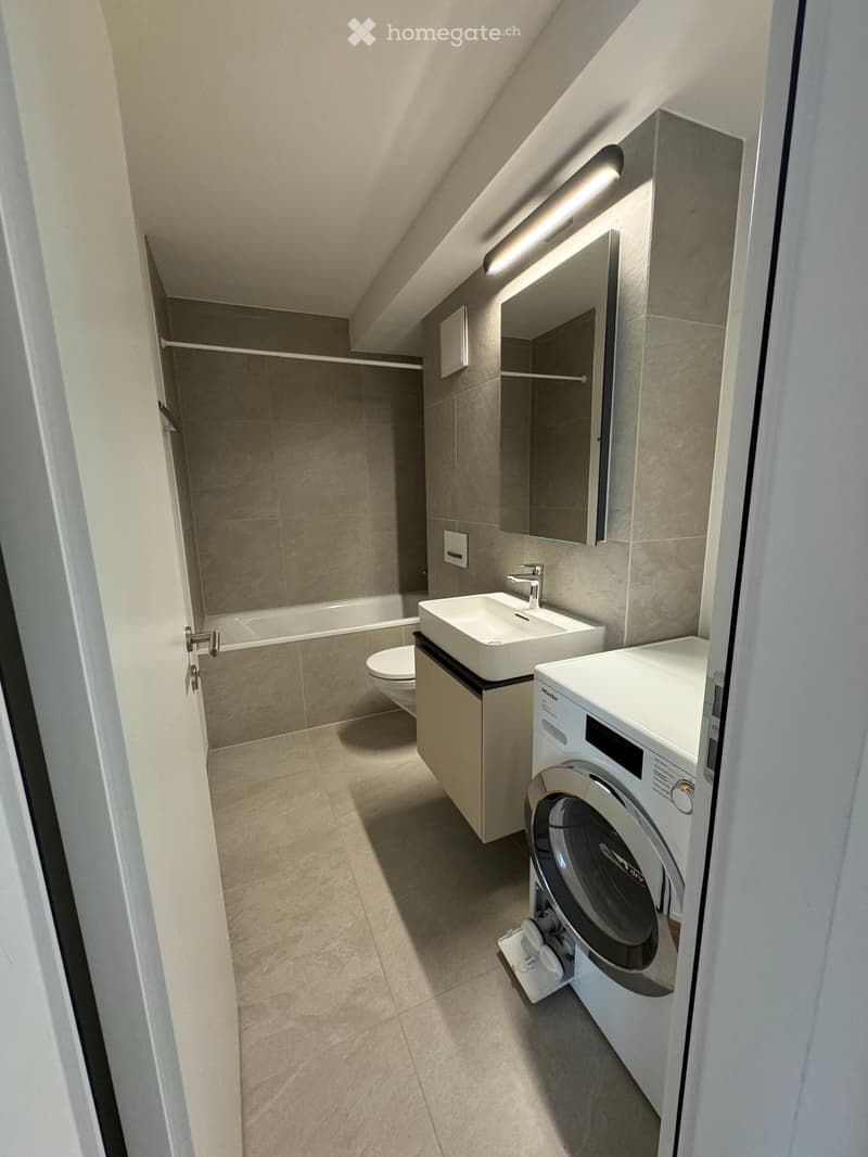 Modern bathroom with a sink, toilet, bathtub, and a washing machine. Features include a large mirror, sleek faucet, and neutral tile flooring.