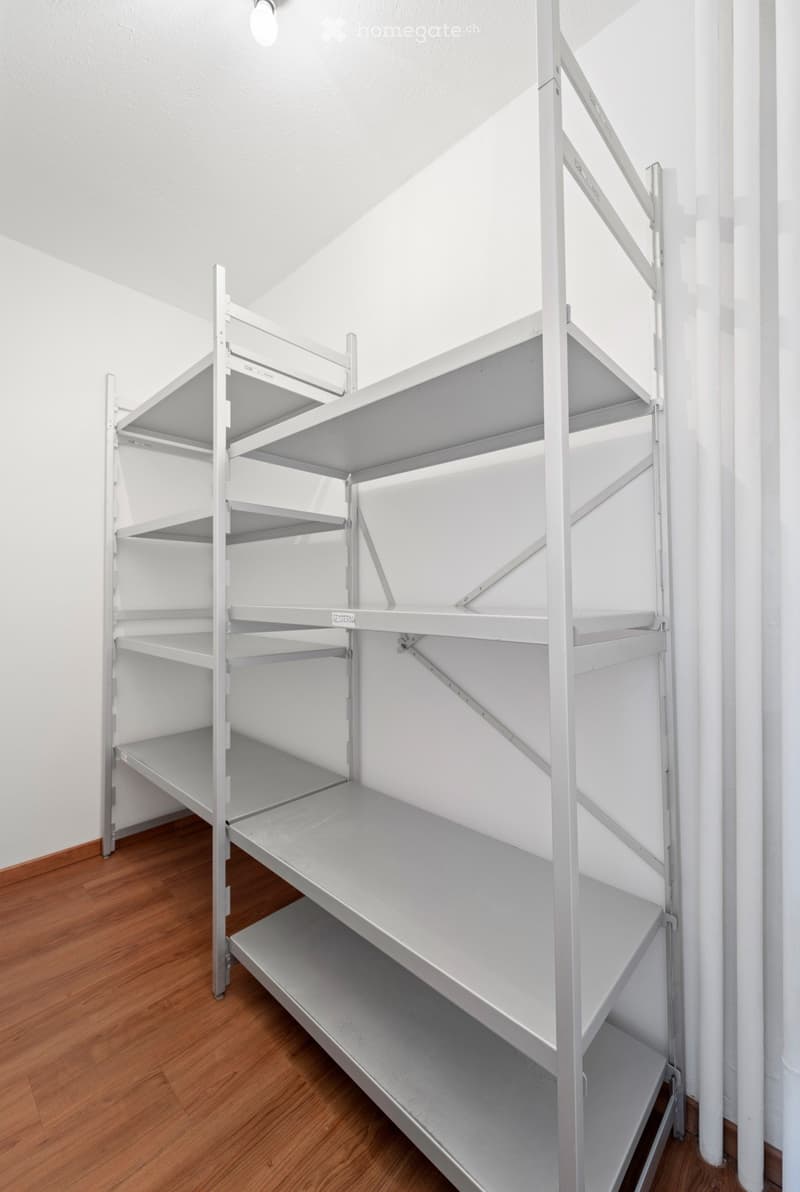 Empty room with metal shelves against the wall, light wooden floor, white walls, and a bright ceiling light
