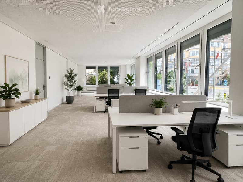 Modern office space with white desks, ergonomic chairs, grey screen dividers, potted plants, and white cabinets along the wall.