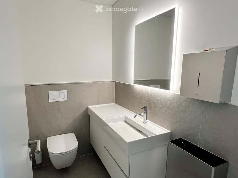 Modern bathroom with a white toilet, a long white sink with a modern faucet, a large mirror with built-in lighting, and a wall-mounted cabinet.