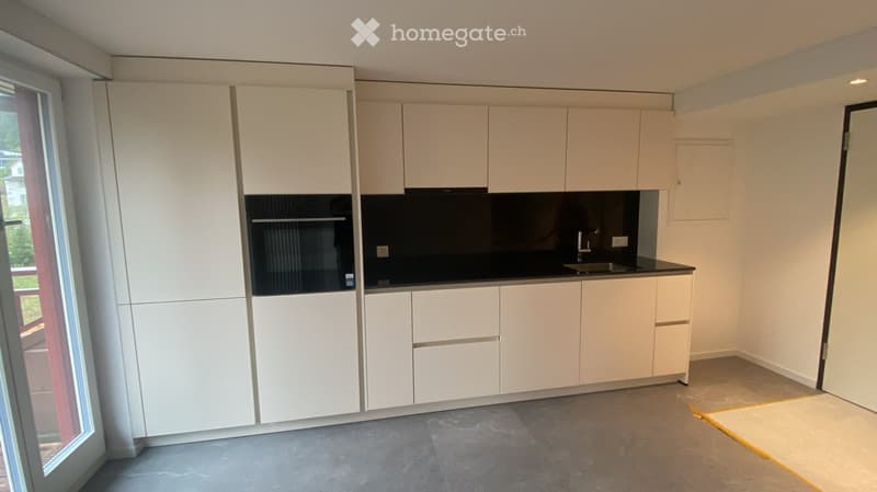 Modern kitchen with white cabinets, a black countertop, and a stainless steel sink.