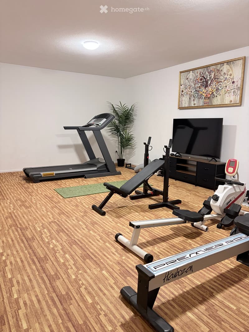 Well-lit room with wooden flooring, featuring a treadmill, a bench, a rowing machine, a TV, a potted plant, and a picture frame on the wall.