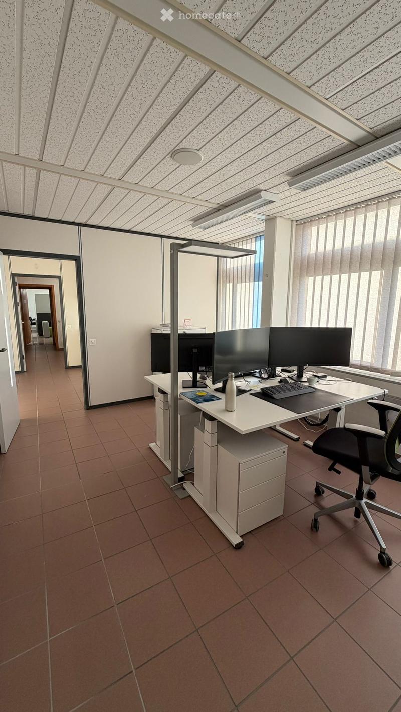 An empty office with desks, chairs, and computer monitors.