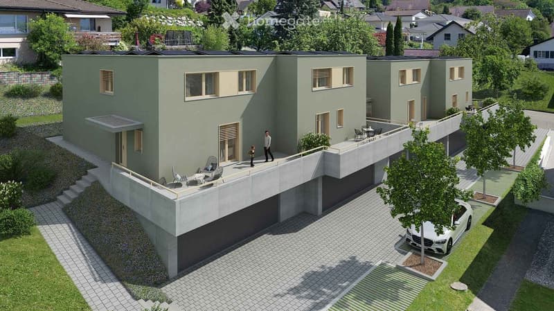 Modern two-story house with green exterior, large windows, garage, and outdoor seating areas.