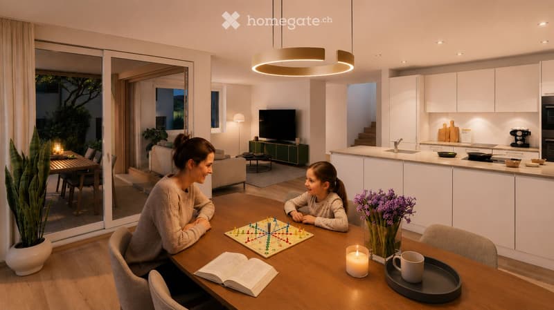 Bright, modern living and dining area with a large sliding glass door leading to a balcony. The space features a wooden dining table with chairs, a board game, a book, a candle, a vase with flowers, and a cup. A sofa and television are visible in the back