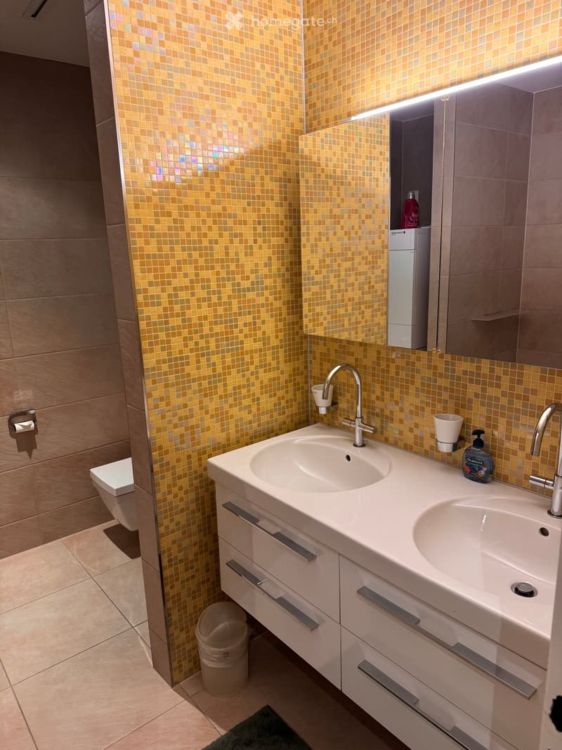 Modern bathroom with double sink vanity, mirrored cabinet, toilet, and colorful mosaic tiles on one wall.
