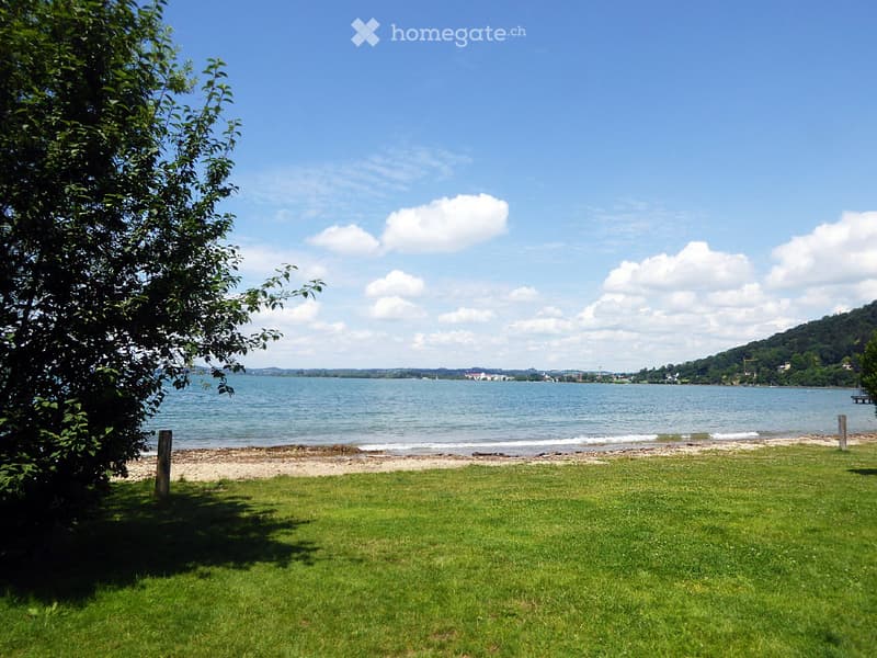 A grassy area with a view of a lake, surrounded by trees and distant hills under a partly cloudy sky.