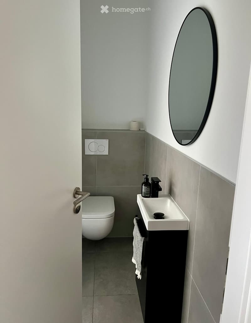Modern bathroom with a white toilet, a white sink with a dark countertop, a round mirror, and a towel hanging on the side.
