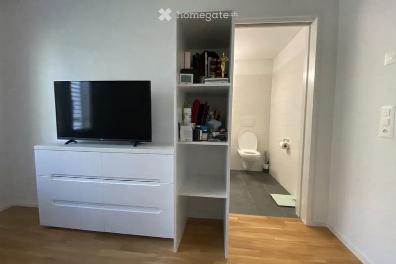 A modern living room with a flat-screen TV on a white cabinet, a built-in shelf with books and decorative items, and an adjacent bathroom with a toilet and a roll of toilet paper.