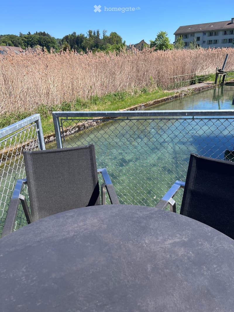 Balcony with two chairs and a table overlooking a canal with reeds and a distant house.