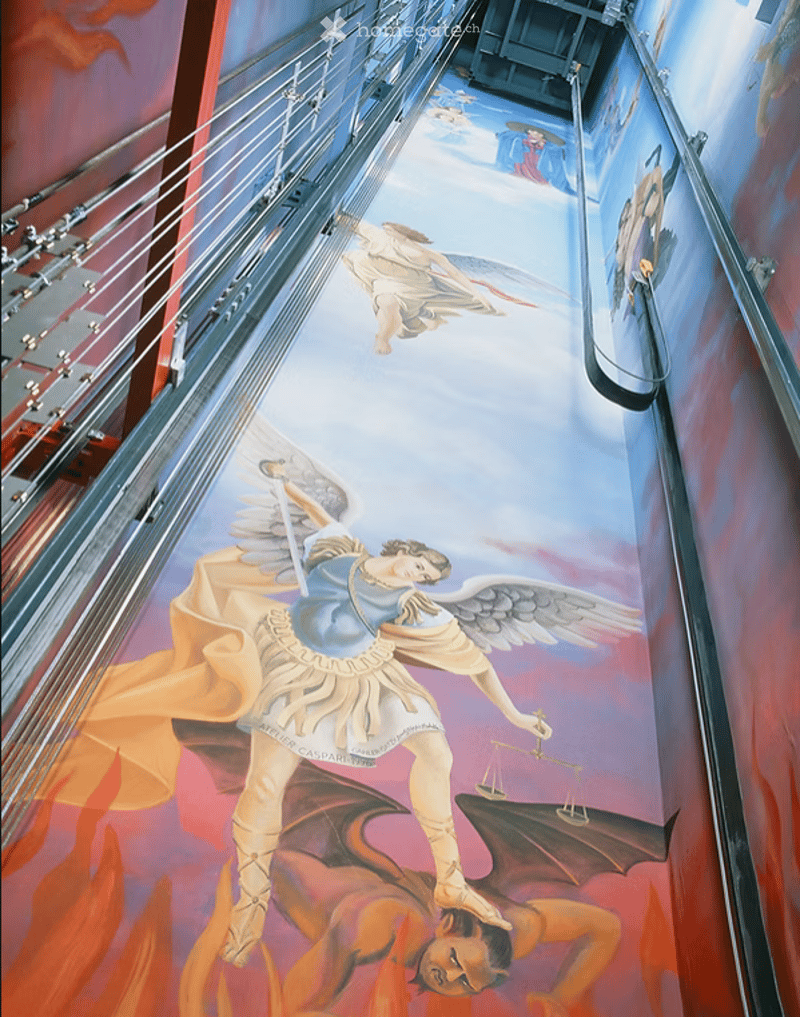 a depiction of angel holding scales and devil underneath, surrounded by flames