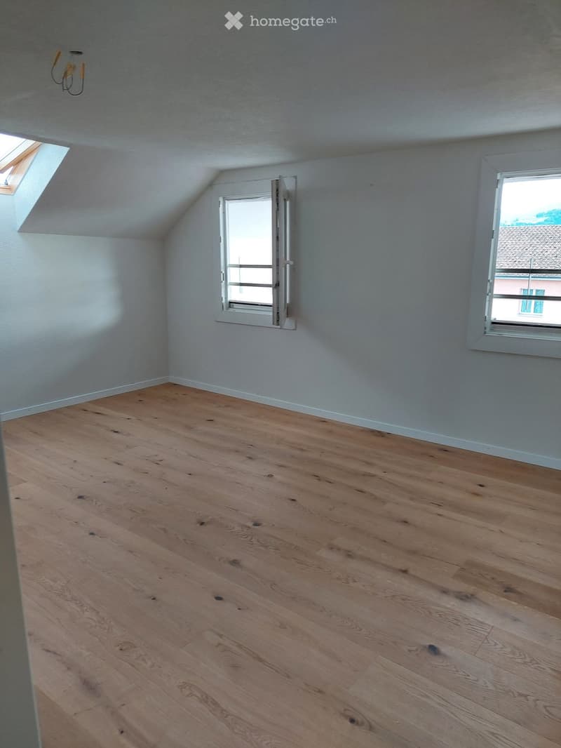 Empty attic room with wooden flooring, white walls, and two windows, one of which is a skylight.