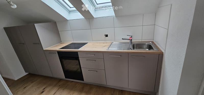 Modern kitchen with grey cabinets, wooden countertop, stainless steel sink, and built-in oven. Features skylight windows for natural light.