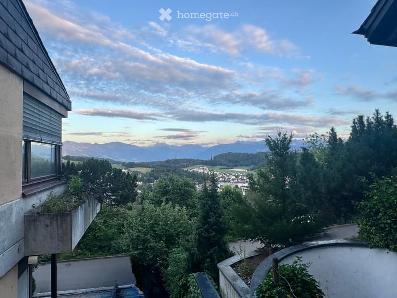 Balcony with a scenic view of a town and mountains, surrounded by trees and greenery.
