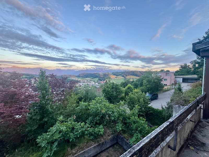 Balcony overlooking a town with mountains in the background, featuring greenery and a wooden railing.