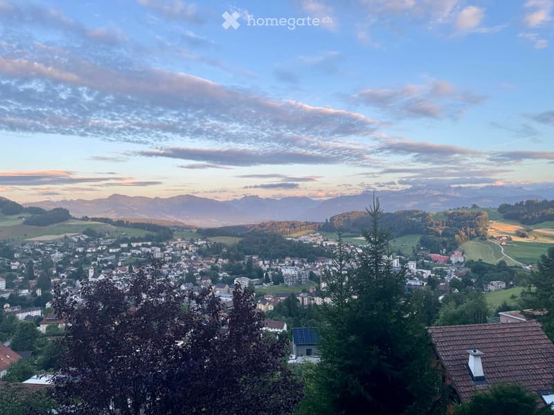 Panoramic view of a town nestled in a valley with surrounding mountains, featuring houses, trees, and fields under a partly cloudy sky.
