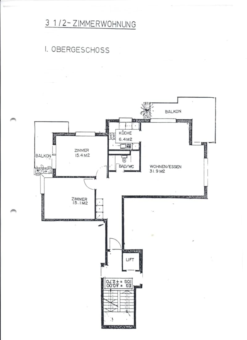 Floor plan of a 3.5-room apartment on the upper floor, featuring a living/dining area, kitchen, two bedrooms, bathroom, and two balconies.