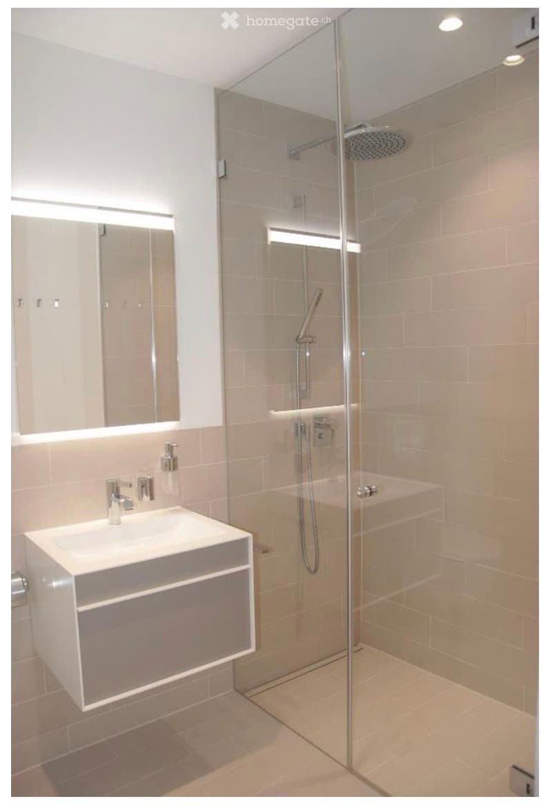 Modern bathroom with a glass-enclosed shower, a white sink with a mirror, and a sleek faucet.
