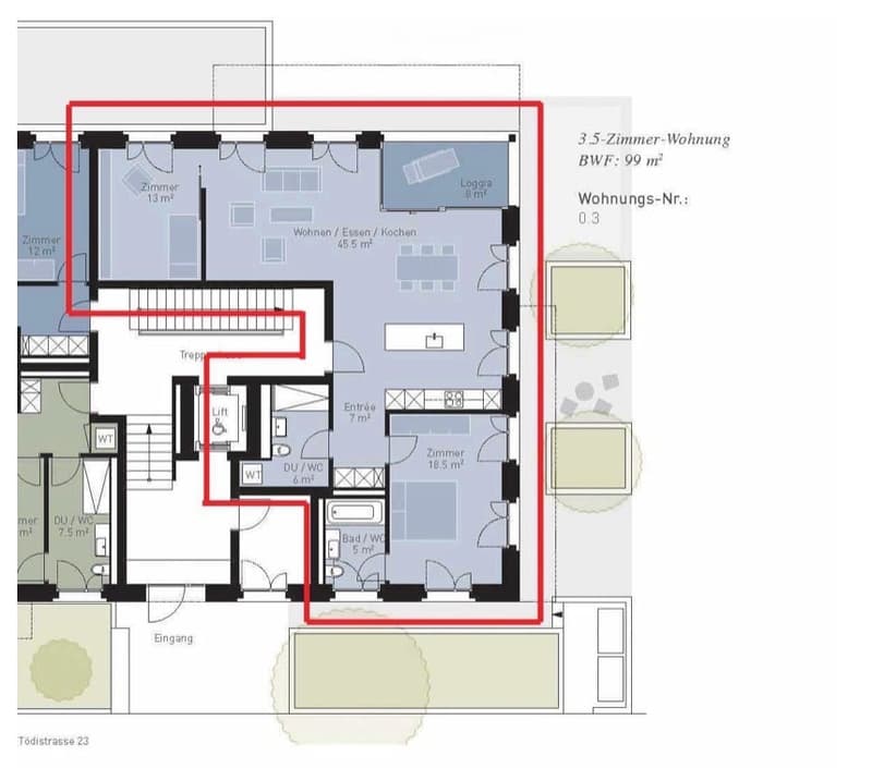 Floor plan of a 3.5-room apartment with 99 m² living space, including living/dining/kitchen area, bedrooms, bathrooms, and a loggia.