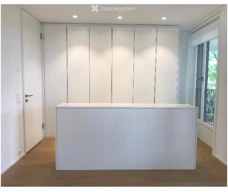Empty room with white walls, wooden flooring, large built-in closet, and a white reception desk. No furniture or equipment present.