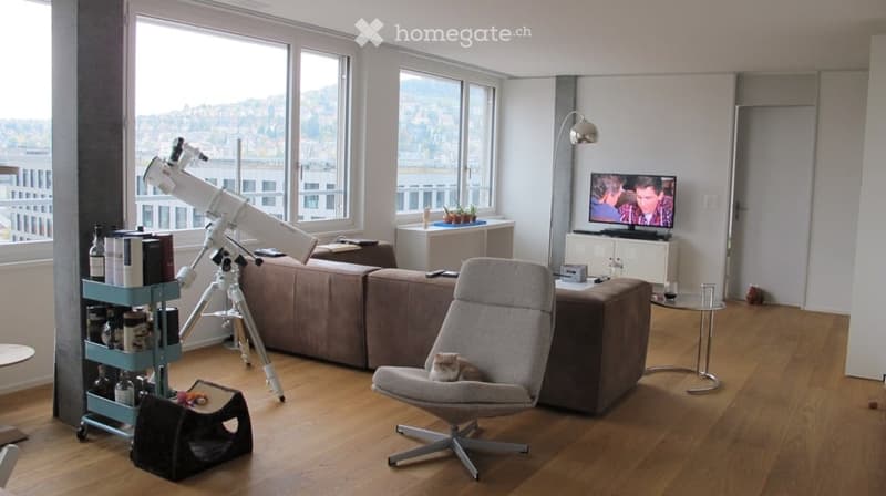 Modern living room with large windows offering a city view, featuring a grey armchair with a cat, a brown sectional sofa, a small round table, a television on a stand, a floor lamp, a shelf with decorative items, and a telescope on a tripod.