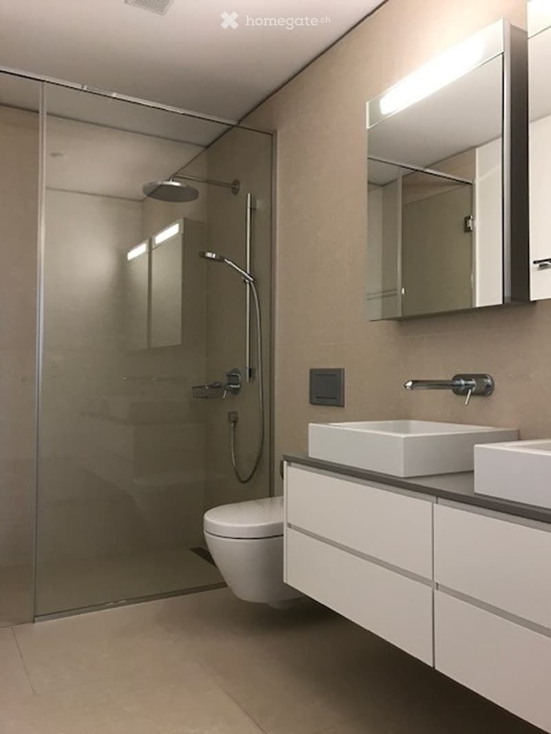 Modern bathroom with a glass-enclosed shower, white toilet, double sink vanity, and large mirror with built-in lighting.