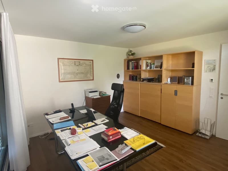 Office space with a wooden floor, a large desk cluttered with papers, books, and office supplies, a black office chair, a wooden cabinet with shelves holding books and office equipment, a framed map on the wall, and a small flower pot on top of the cabine