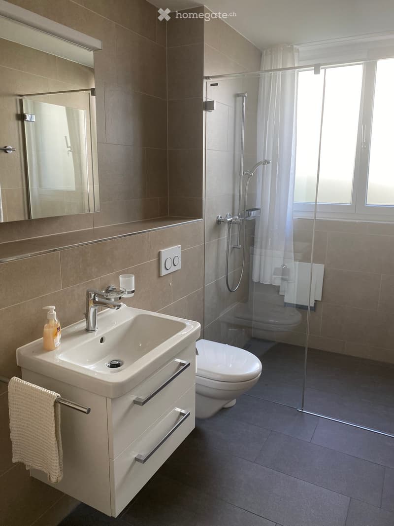 Modern bathroom with a white sink, chrome faucet, mirror, toilet, and glass-enclosed shower. Beige tiles and a towel on a rack are visible.