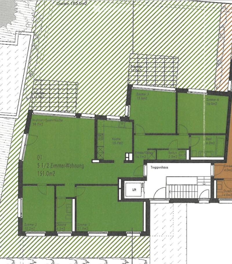 Floor plan of a 5.5-room apartment with 151.0 m² total area, including living room, kitchen, 3 bedrooms, 2 bathrooms, entrance hall, staircase, and utility room.