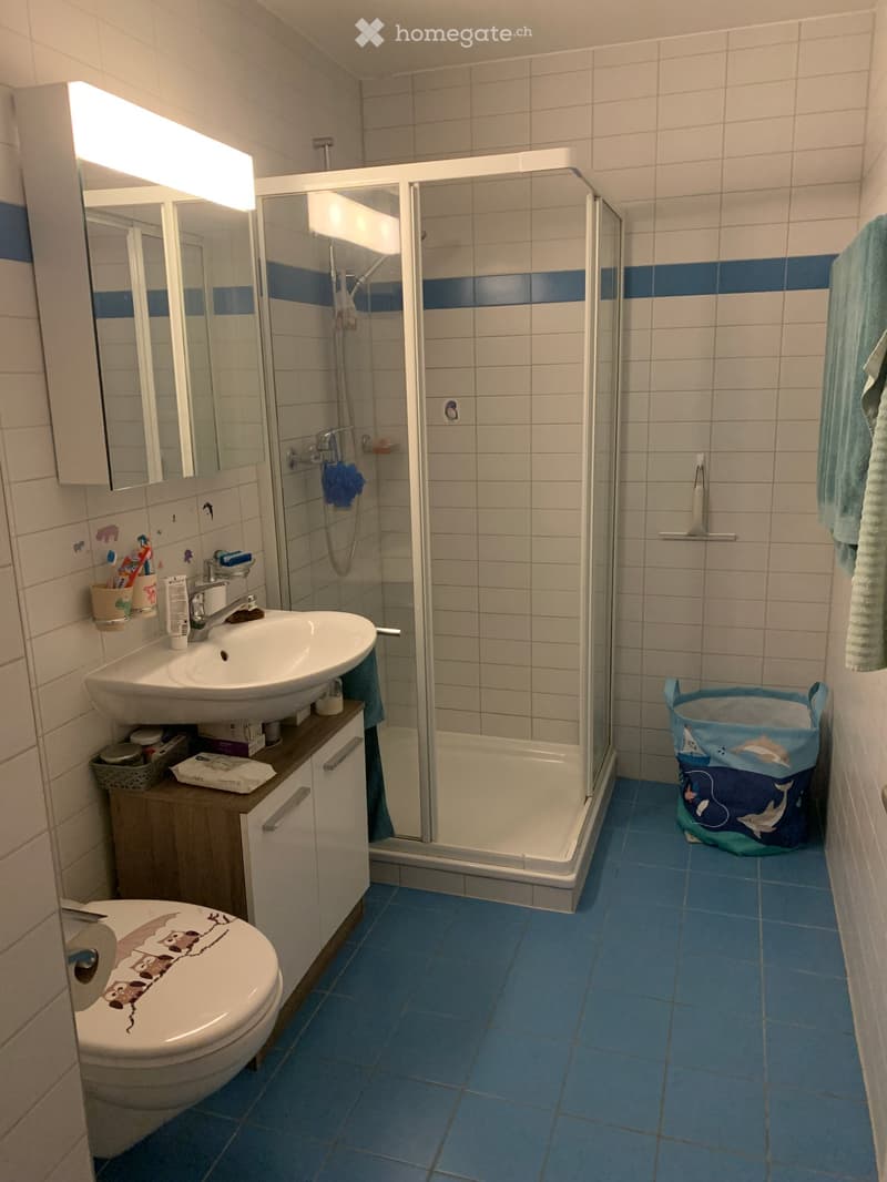 Modern bathroom with blue tiles, white walls, a shower stall, a sink with a mirror, a toilet, and a towel hanging on the wall.