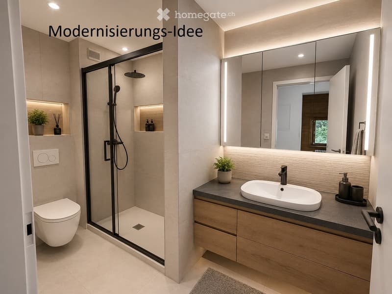 Modern bathroom with a glass-enclosed shower, toilet, sink with wooden cabinet, large mirror, and decorative plants.