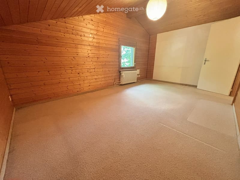 Empty room with wooden walls, carpeted floor, single window, and a radiator below it.