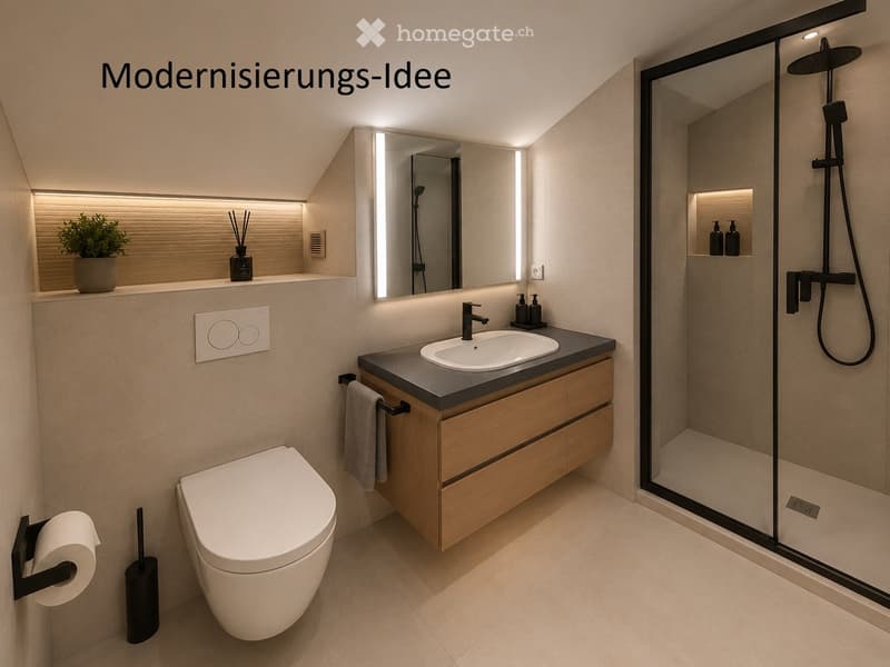 Modern bathroom with a floating wooden vanity, integrated sink, large mirror, toilet, glass-enclosed shower, and decorative plant on the windowsill.