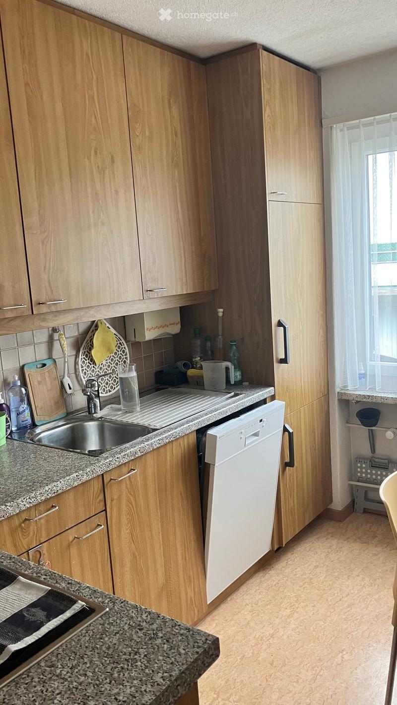 A modern kitchen with wooden cabinets, granite countertops, a stainless steel sink, and a white dishwasher. The countertop features a dish rack, a cutting board, and various kitchen items.