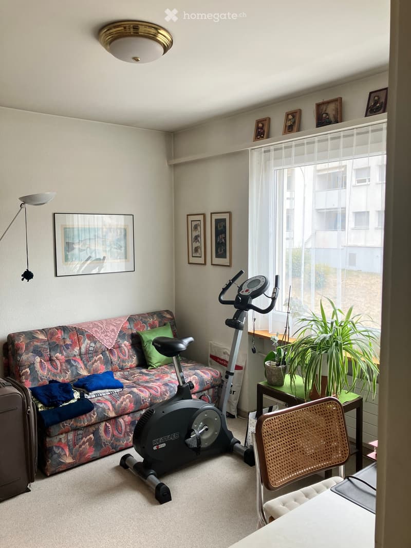 A cozy living room with a patterned sofa, exercise bike, wicker chair, small table with potted plants, and framed pictures on the walls.