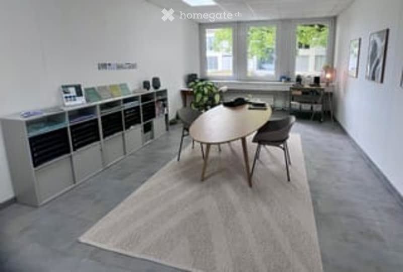 Modern, minimalist room with grey carpet, white walls, large windows, a round wooden table with chairs, a grey cabinet, a small plant, and a laptop on a desk.