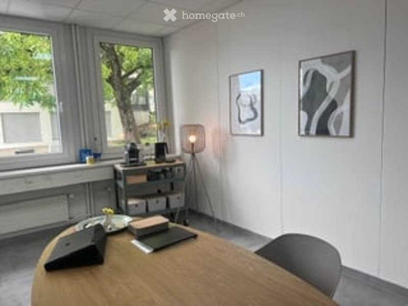 Bright, modern office space with large windows, white walls, a wooden table, a black chair, a floor lamp, and framed artwork.