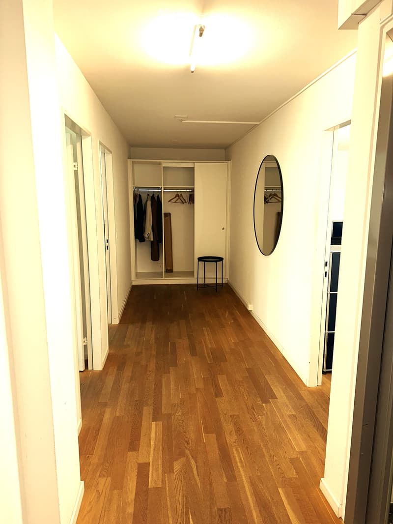 A narrow hallway with wooden flooring, white walls, and a built-in closet with hanging clothes. A small black stool and a round mirror are visible.