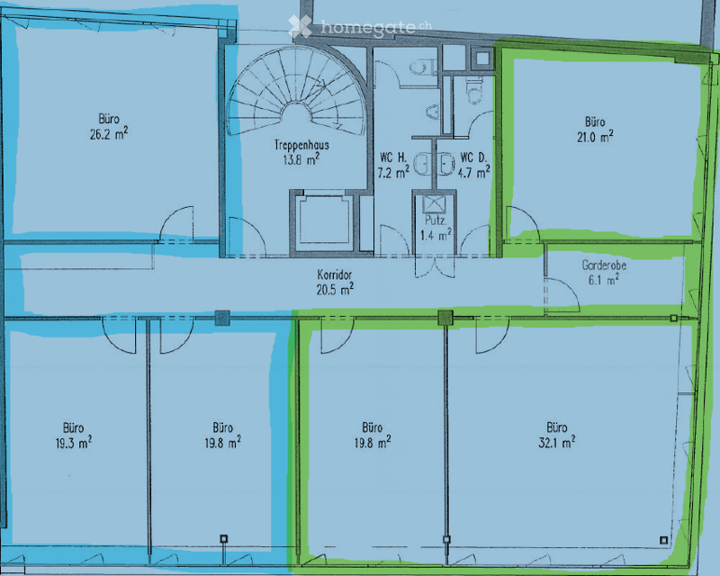 Floor plan showing multiple office spaces, a pantry, a hallway, a WC, and a storage area.
