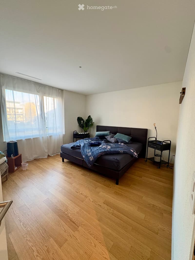 Modern bedroom with wooden flooring, large window with sheer curtains, bed with dark headboard, nightstands, and a plant in the corner.