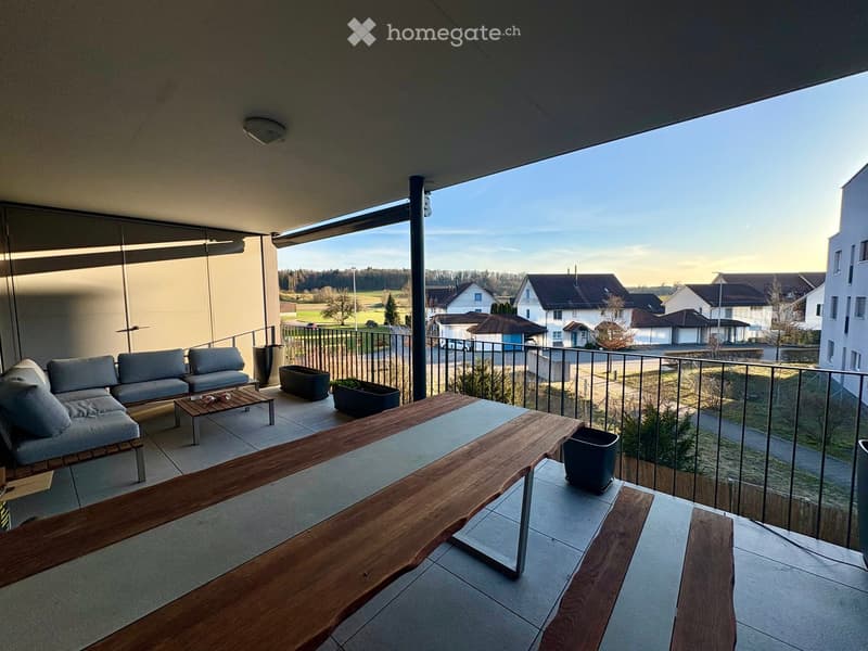 Modern balcony with grey sectional sofa, wooden coffee table, large wooden table, and several potted plants, overlooking a suburban landscape.