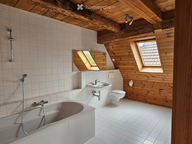 small bathroom with white tiles, bathtub, sink, toilet, skylights