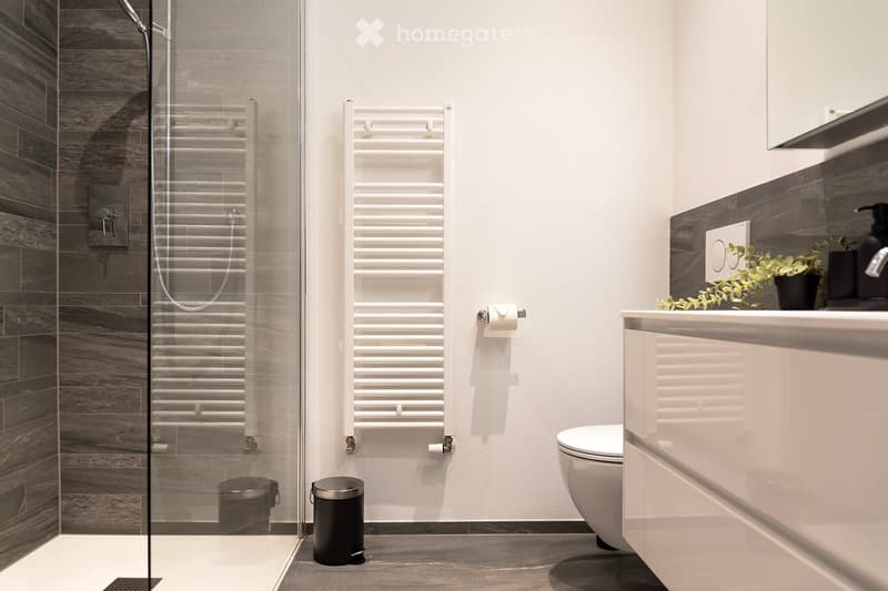 Modern bathroom with gray tile walls, white towel warmer, toilet, and vanity with storage. Glass shower enclosure.