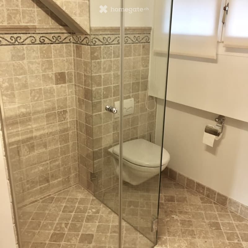 Modern bathroom with beige tiled walls and floor, glass shower enclosure, toilet, and toilet paper holder.