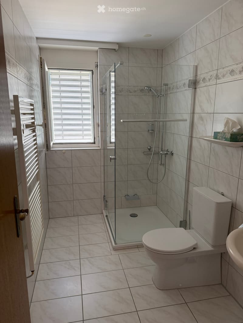 Modern bathroom with tiled walls and floor, featuring a glass-enclosed shower, toilet, and sink. A window with blinds provides natural light.